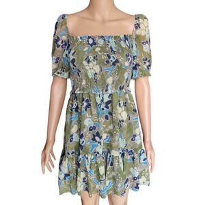 Blue and White Floral Midi Dress with Puff Sleeves